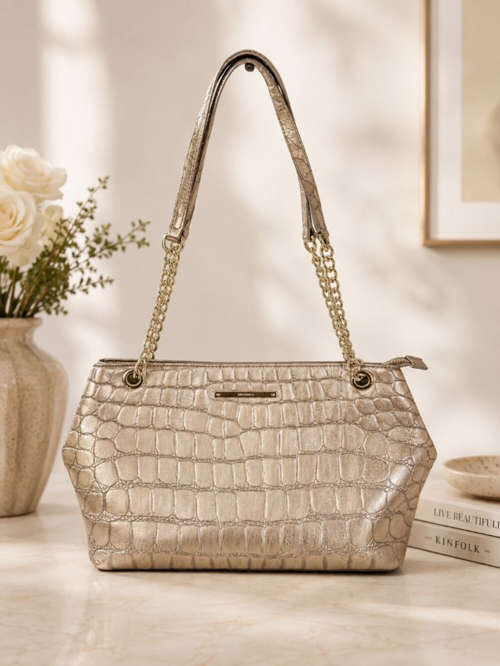 Brahmin Croc-Embossed Shoulder Bag with Gold-tone Chain Straps